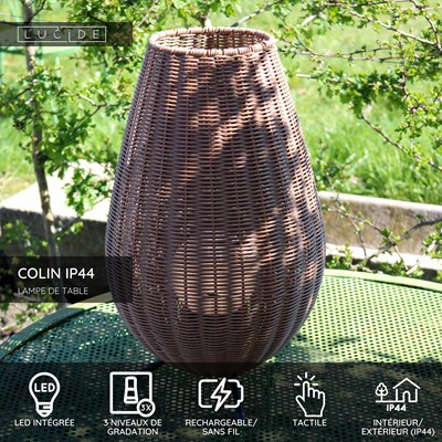 Lucide COLIN IP44 - Lampe de table Rechargeable Intérieur/Extérieur - Batterie/Piles - LED 3 StepDim - 1x3W 3000K - IP44 - Naturel